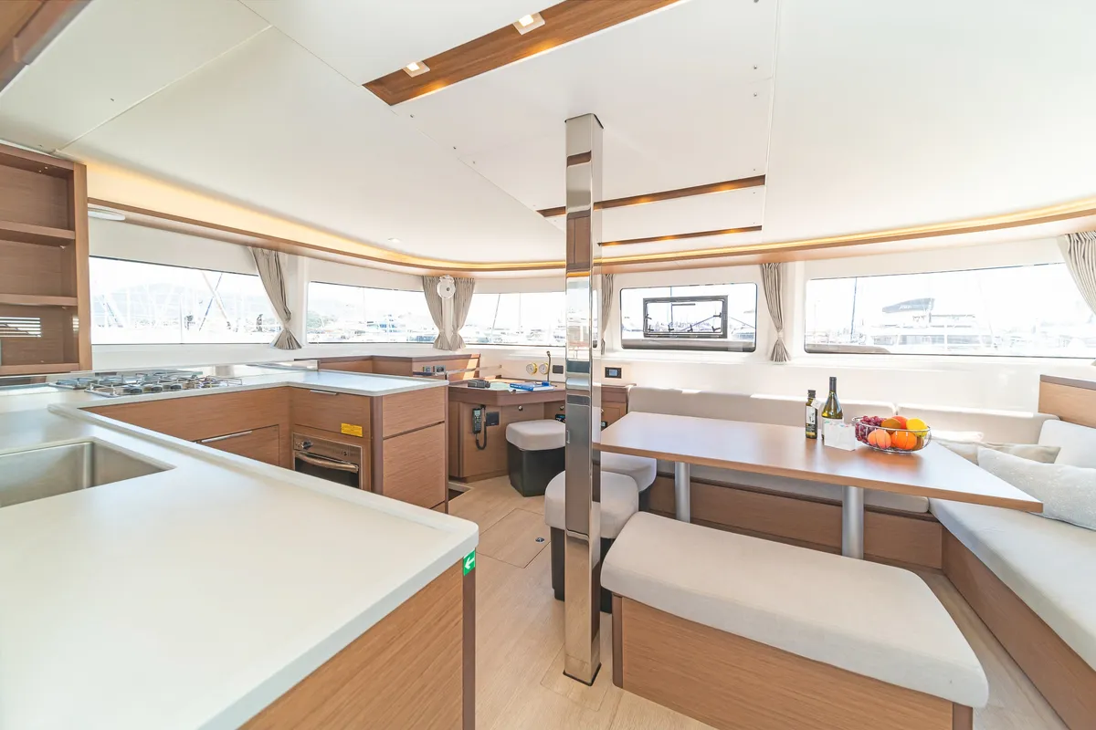Salon of If, a Lagoon 46 catamaran at Kontokali, Greece