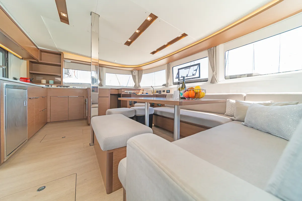 Salon of If, a Lagoon 46 catamaran at Kontokali, Greece