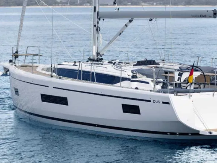 Exterior view of Chryseli, a Bavaria C46 sailboat at Municipal Unit of Lefkada, Greece