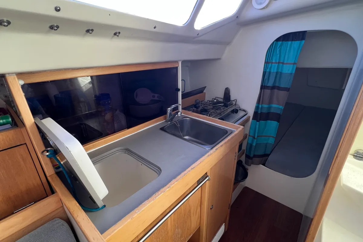 Galley of Little Wing, a RM 890 sailboat at Kerners, France