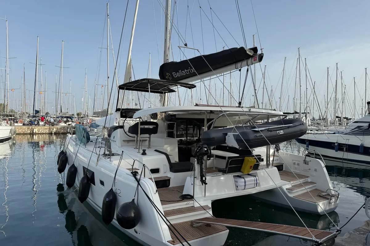 Exterior view of Bellatrix, a Lagoon 42 catamaran at Athens, Greece