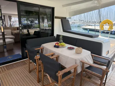 Deck of Bellatrix, a Lagoon 42 catamaran at Athens, Greece