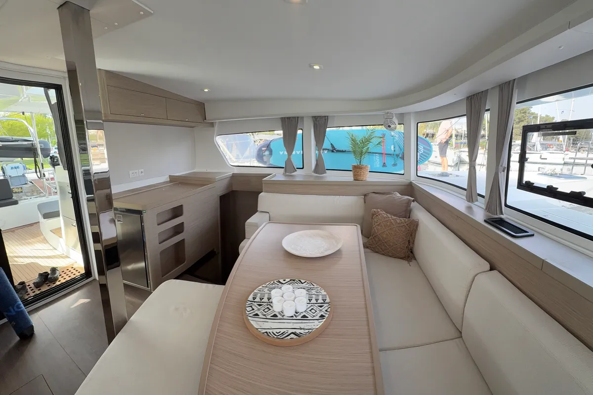 Salon of Bellatrix, a Lagoon 42 catamaran at Athens, Greece