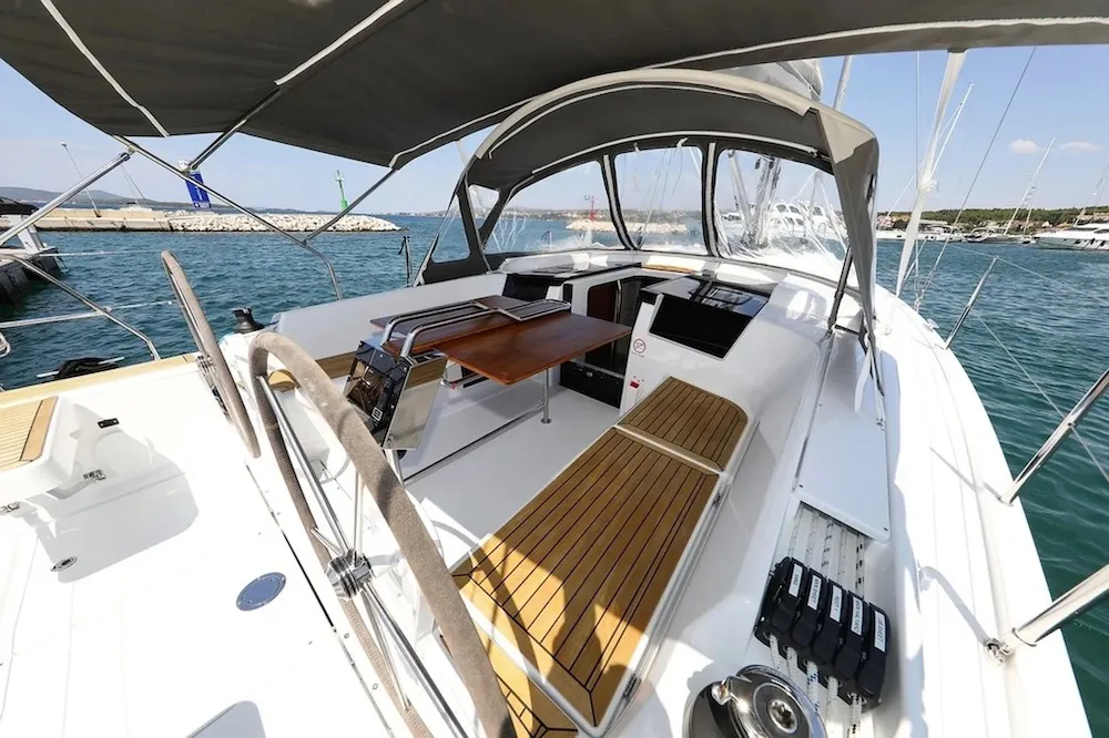 Deck of Chablis, a Hanse 388 sailboat at Seget Donji, Croatia