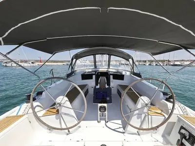 Cockpit of Chablis, a Hanse 388 sailboat at Seget Donji, Croatia