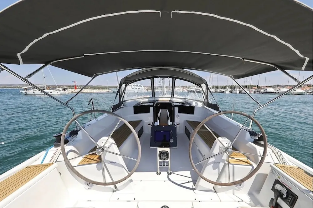 Cockpit of Chablis, a Hanse 388 sailboat at Seget Donji, Croatia