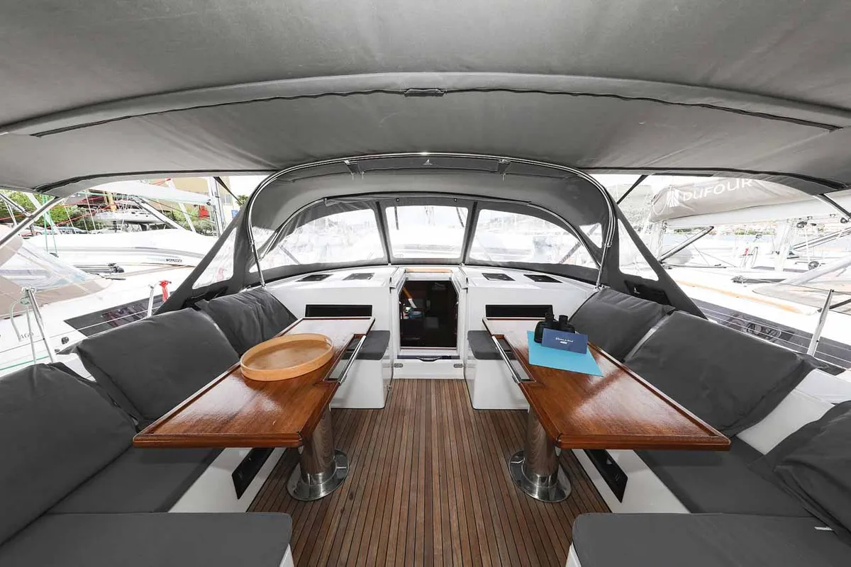 Deck of Granat, a Bavaria C50 Holiday sailboat at Grad Trogir, Croatia