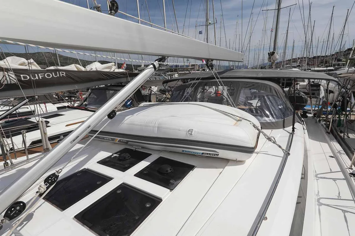 Deck of Granat, a Bavaria C50 Holiday sailboat at Grad Trogir, Croatia