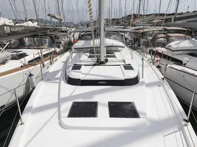 Deck of Granat, a Bavaria C50 Holiday sailboat at Grad Trogir, Croatia