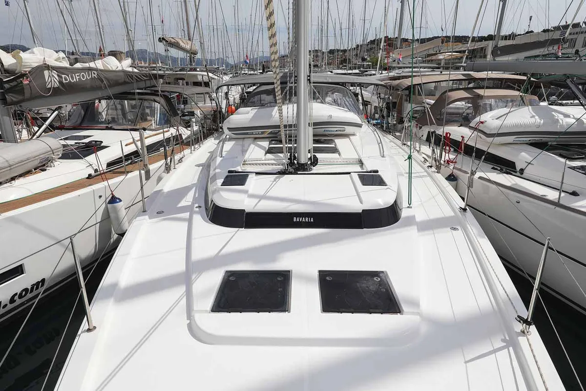 Deck of Granat, a Bavaria C50 Holiday sailboat at Grad Trogir, Croatia
