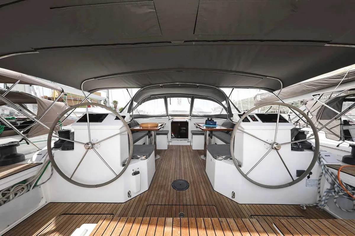 Cockpit of Granat, a Bavaria C50 Holiday sailboat at Grad Trogir, Croatia