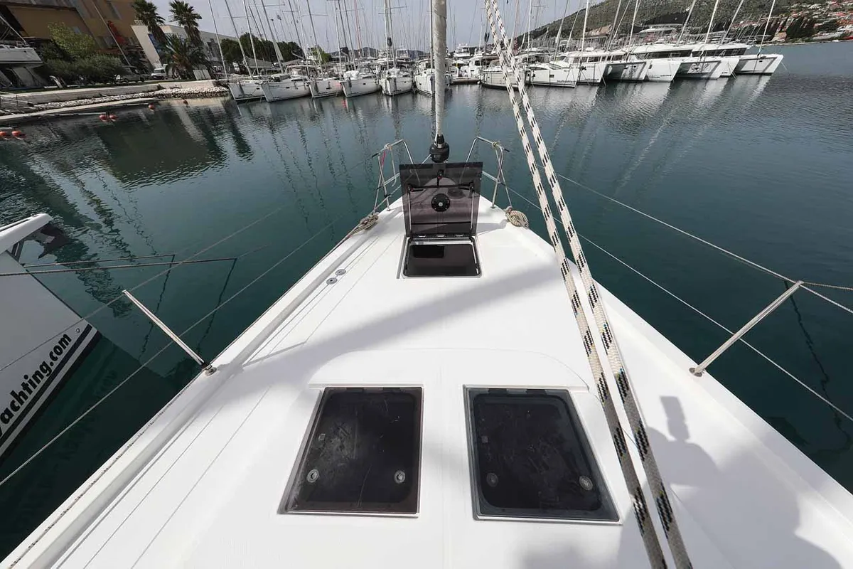 Deck of Granat, a Bavaria C50 Holiday sailboat at Grad Trogir, Croatia
