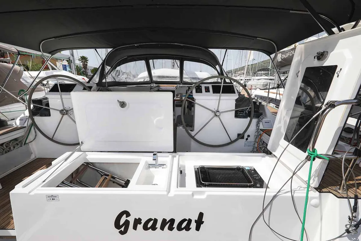 Cockpit of Granat, a Bavaria C50 Holiday sailboat at Grad Trogir, Croatia