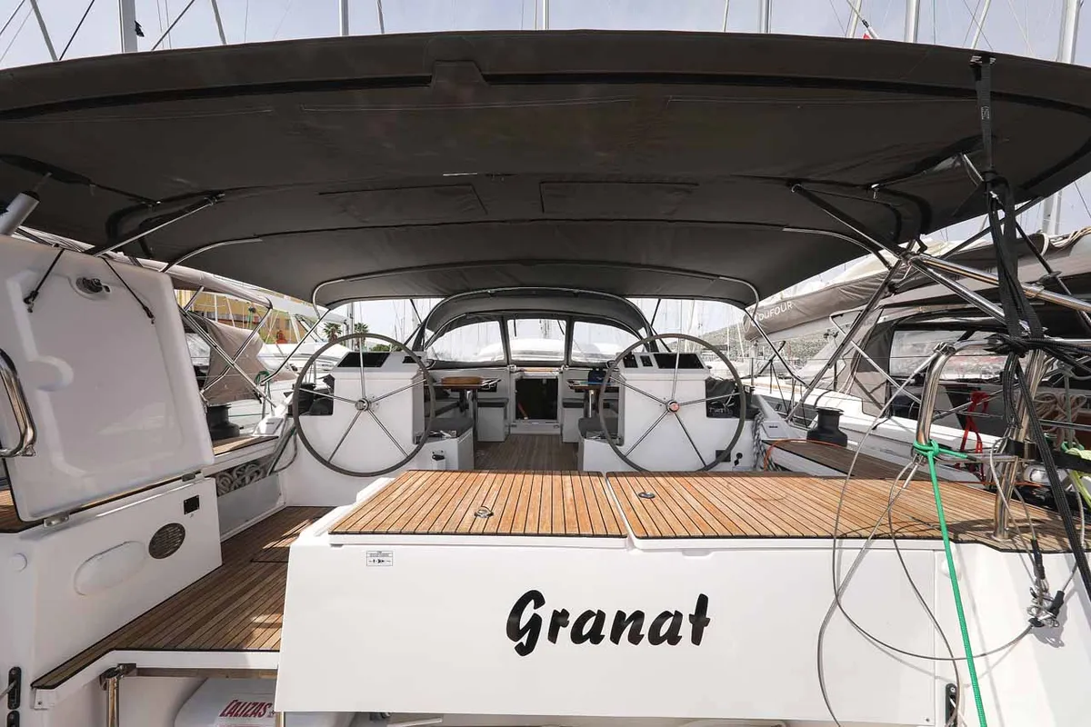 Cockpit of Granat, a Bavaria C50 Holiday sailboat at Grad Trogir, Croatia