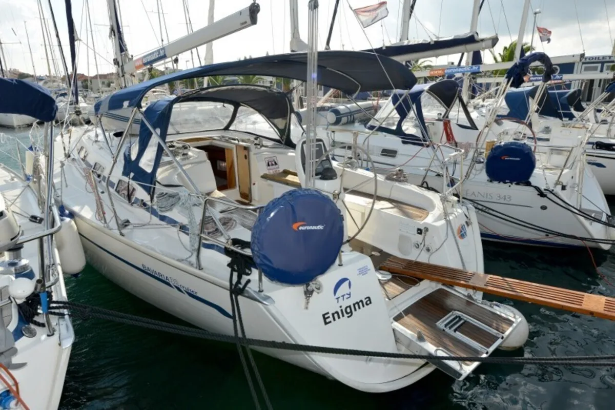 Exterior view of Enigma, a Bavaria 38 Cruiser sailboat at Grad Biograd na Moru, Croatia