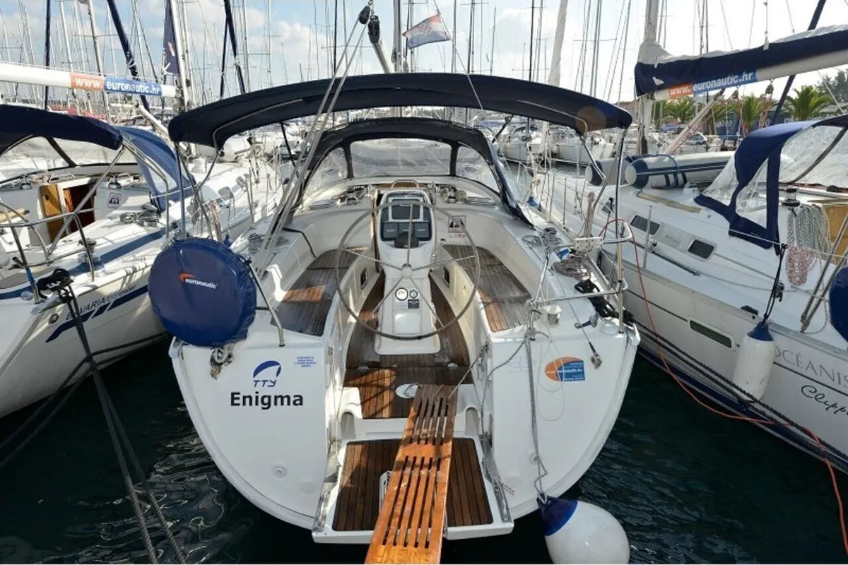 Exterior view of Enigma, a Bavaria 38 Cruiser sailboat at Grad Biograd na Moru, Croatia