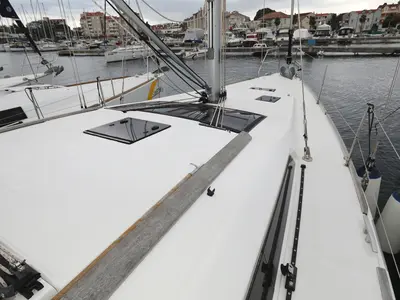 Deck of Mona, a Dufour 412 GL sailboat at Grad Biograd na Moru, Croatia