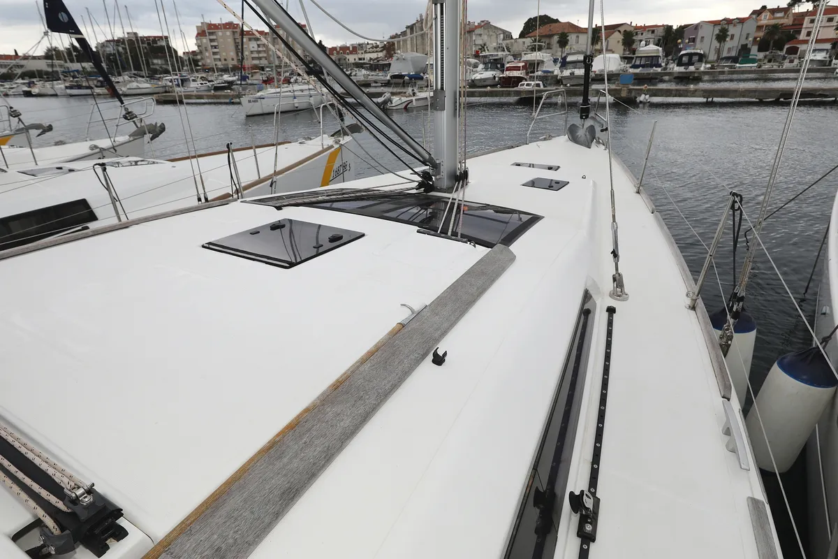 Deck of Mona, a Dufour 412 GL sailboat at Grad Biograd na Moru, Croatia
