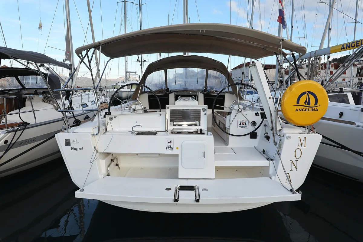Exterior view of Mona, a Dufour 412 GL sailboat at Grad Biograd na Moru, Croatia