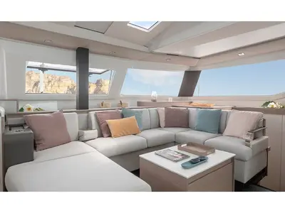 Salon of Greek Beauty, a Fountaine Pajot Elba 45 catamaran at Parikia, Greece