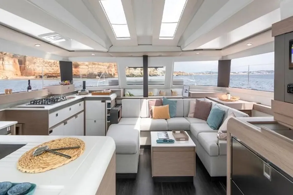 Galley of Greek Beauty, a Fountaine Pajot Elba 45 catamaran at Parikia, Greece