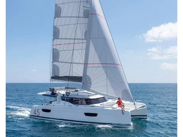 Exterior view of Greek Beauty, a Fountaine Pajot Elba 45 catamaran at Parikia, Greece