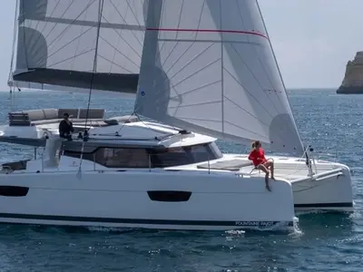 Exterior view of Greek Beauty, a Fountaine Pajot Elba 45 catamaran at Parikia, Greece