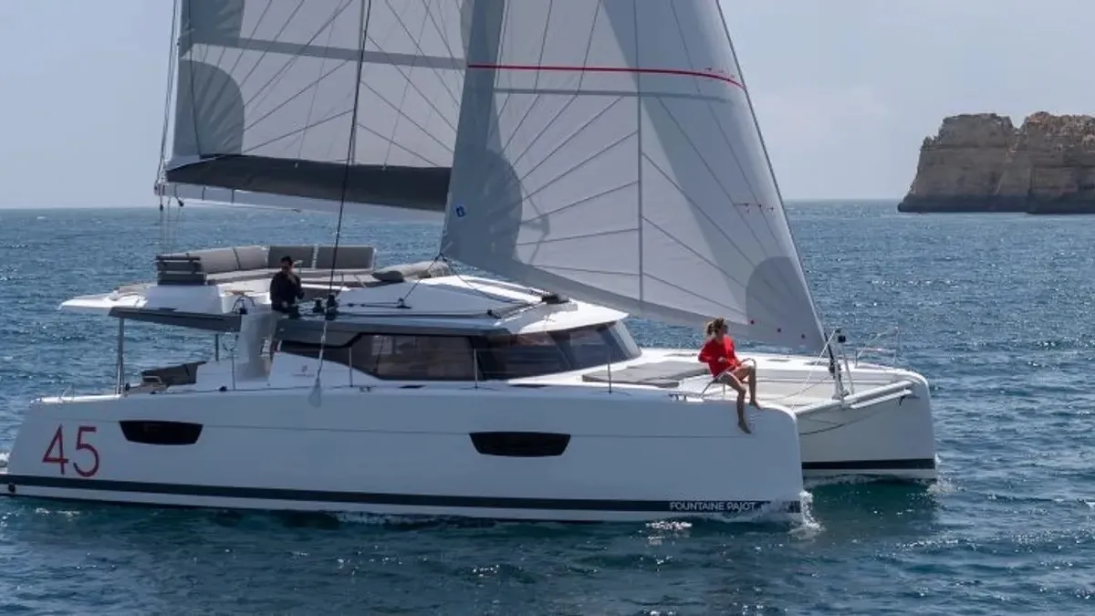 Exterior view of Greek Beauty, a Fountaine Pajot Elba 45 catamaran at Parikia, Greece