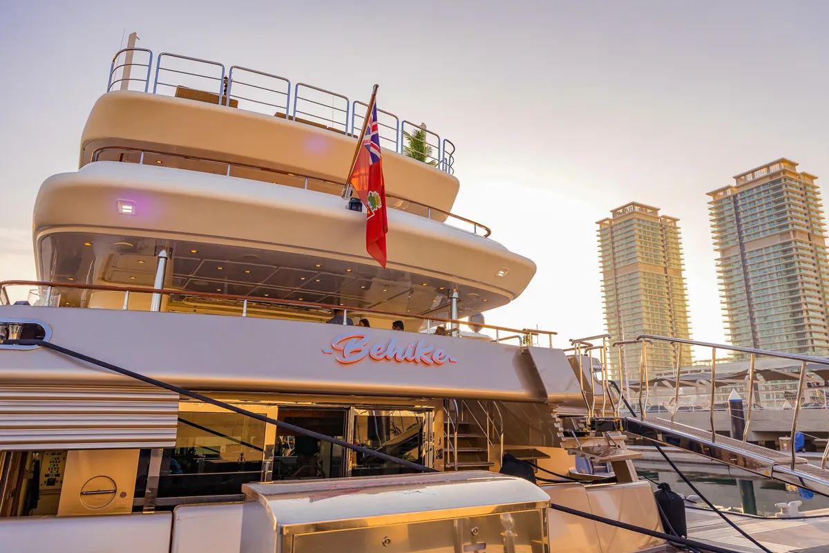 Exterior view of Behike, a Luxury Motor Yacht motor yacht at Dubai Harbour, United Arab Emirates