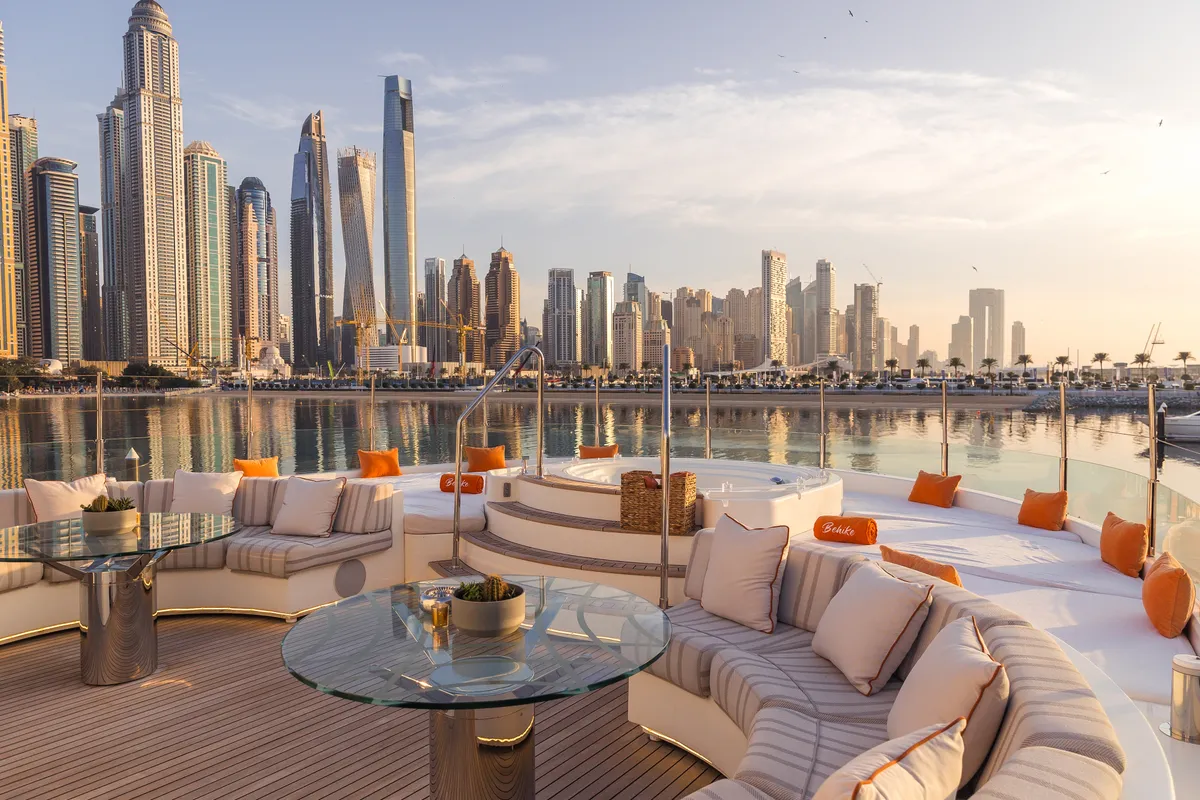 Deck of Behike, a Luxury Motor Yacht motor yacht at Dubai Harbour, United Arab Emirates