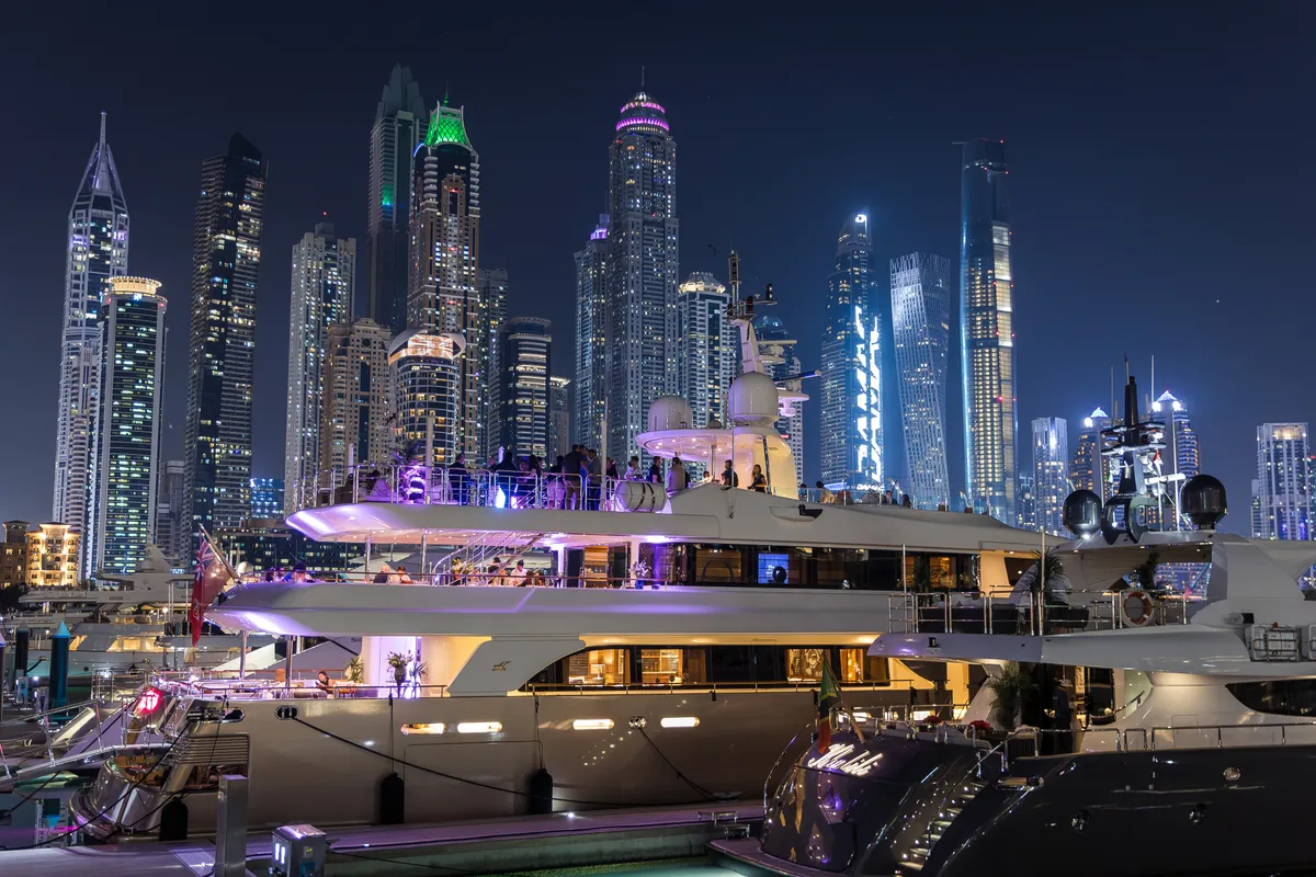 Exterior view of Behike, a Luxury Motor Yacht motor yacht at Dubai Harbour, United Arab Emirates