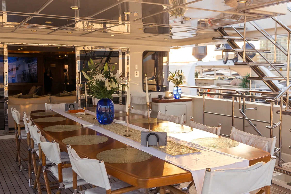Deck of Behike, a Luxury Motor Yacht motor yacht at Dubai Harbour, United Arab Emirates