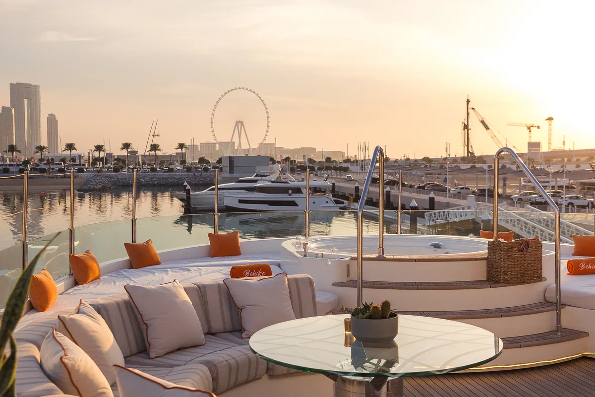 Deck of Behike, a Luxury Motor Yacht motor yacht at Dubai Harbour, United Arab Emirates