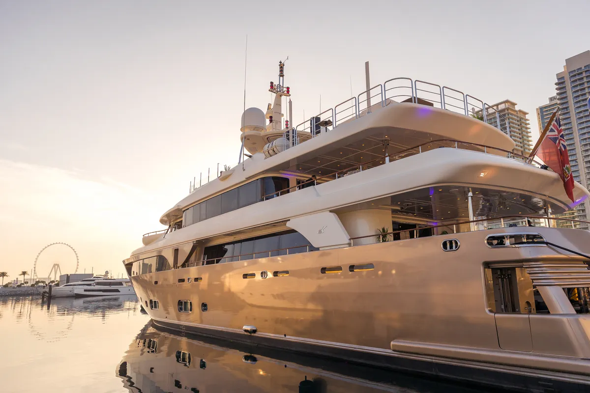 Exterior view of Behike, a Luxury Motor Yacht motor yacht at Dubai Harbour, United Arab Emirates
