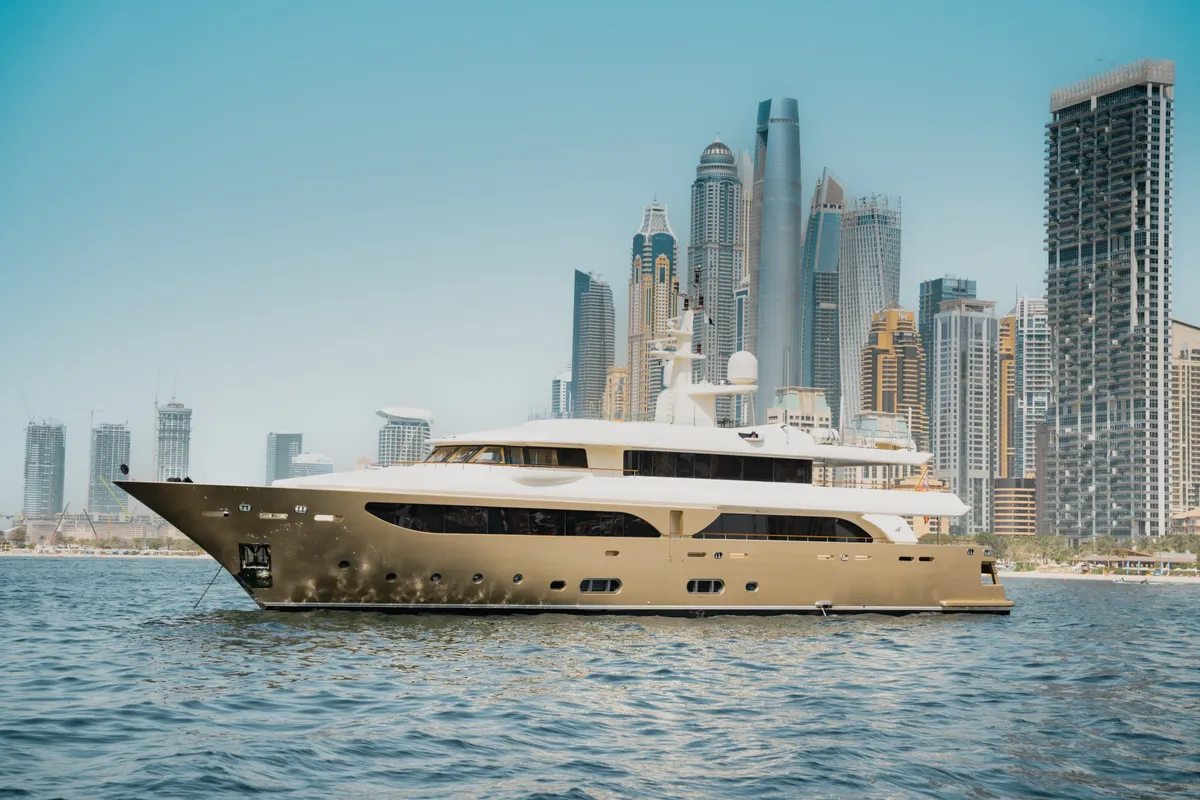 Exterior view of Behike, a Luxury Motor Yacht motor yacht at Dubai Harbour, United Arab Emirates