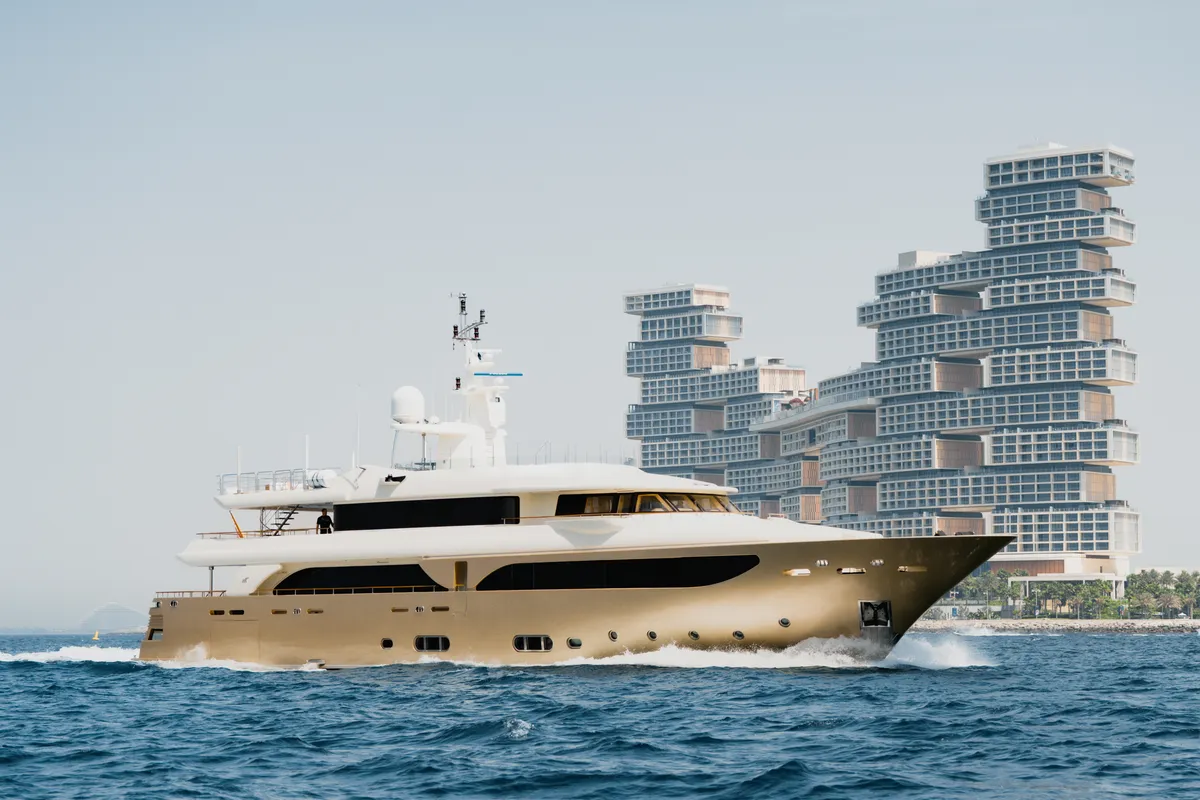 Exterior view of Behike, a Luxury Motor Yacht motor yacht at Dubai Harbour, United Arab Emirates