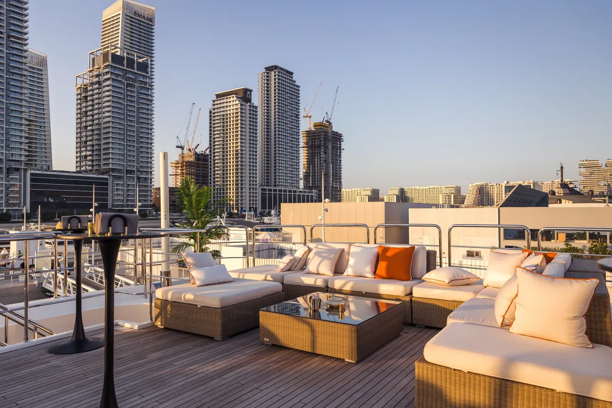 Deck of Behike, a Luxury Motor Yacht motor yacht at Dubai Harbour, United Arab Emirates