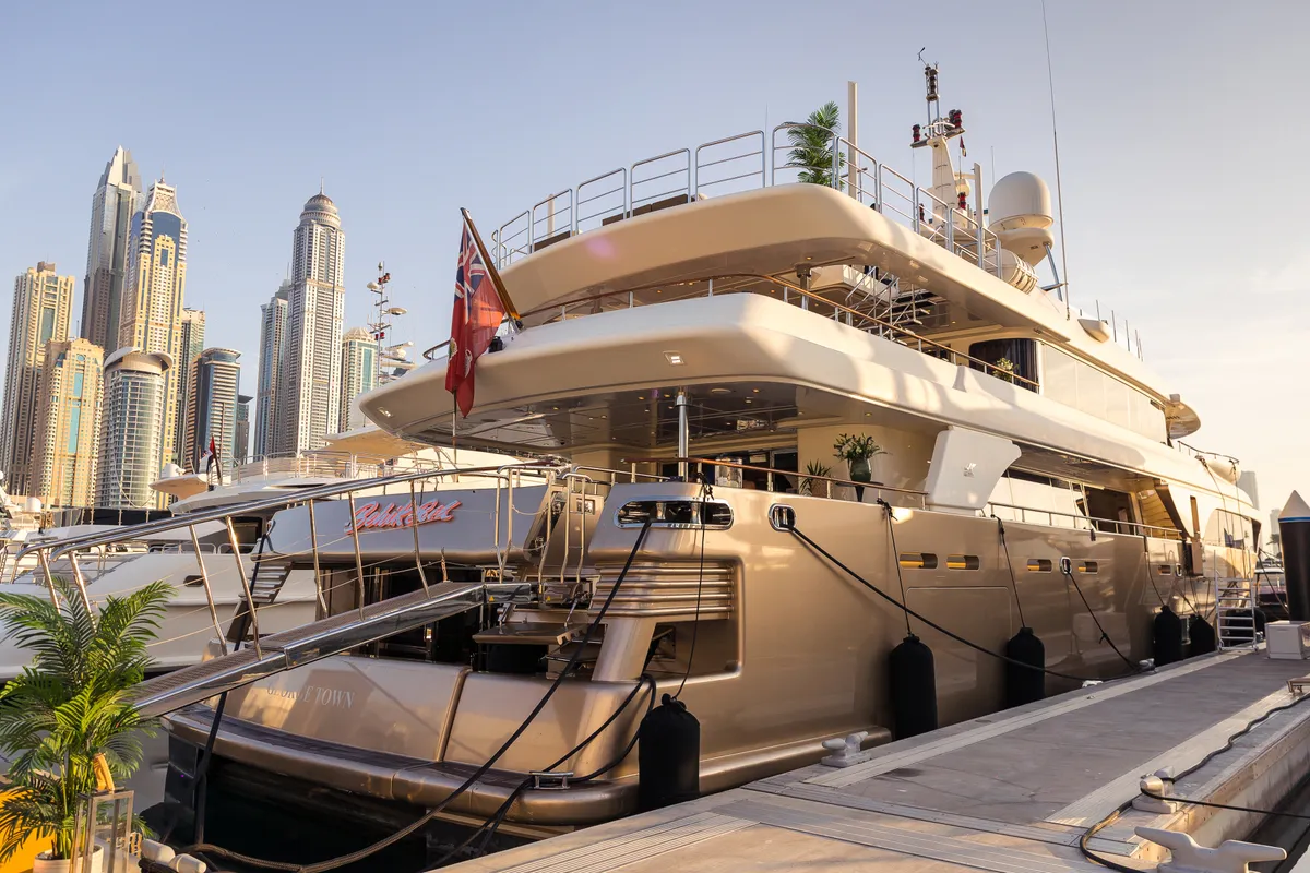 Exterior view of Behike, a Luxury Motor Yacht motor yacht at Dubai Harbour, United Arab Emirates
