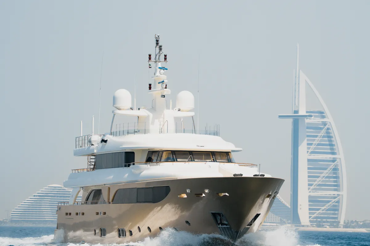 Exterior view of Behike, a Luxury Motor Yacht motor yacht at Dubai Harbour, United Arab Emirates