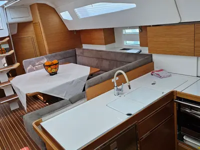 Galley of Fines De Claires, a Elan Impression 50 sailboat at Općina Baška Voda, Croatia