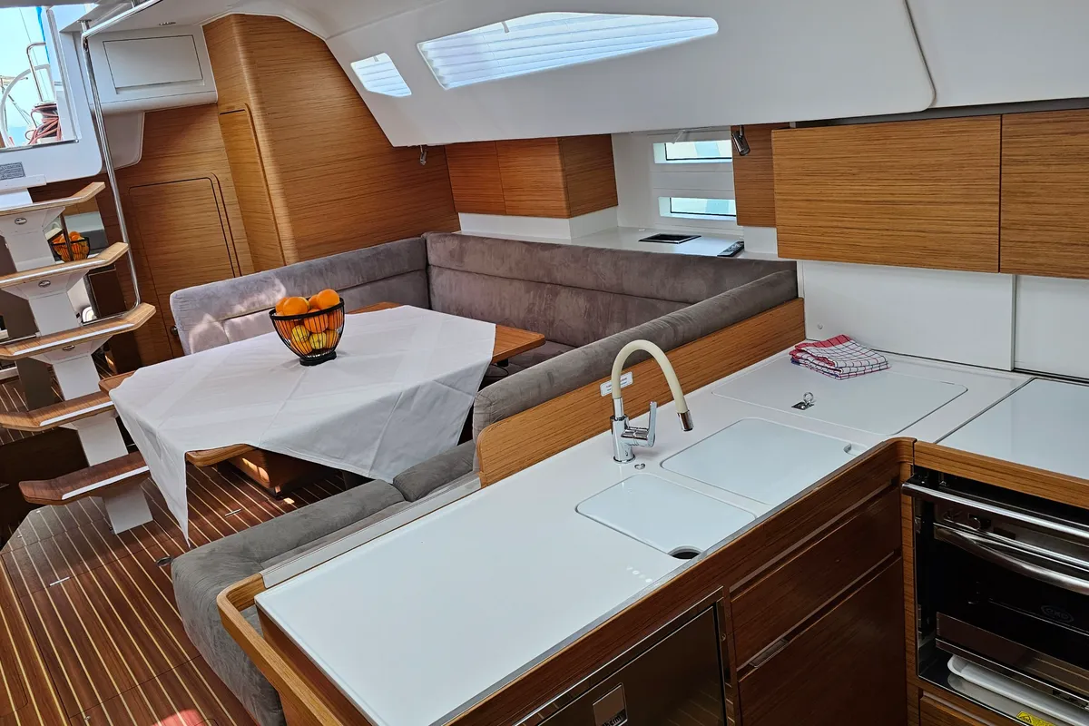Galley of Fines De Claires, a Elan Impression 50 sailboat at Općina Baška Voda, Croatia