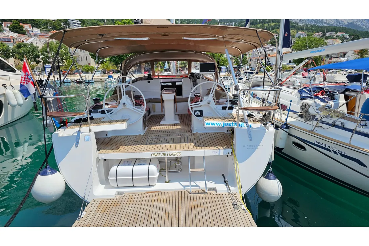Exterior view of Fines De Claires, a Elan Impression 50 sailboat at Općina Baška Voda, Croatia