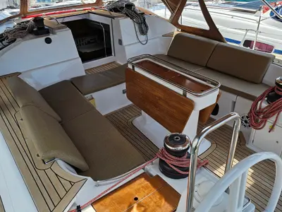 Cockpit of Fines De Claires, a Elan Impression 50 sailboat at Općina Baška Voda, Croatia