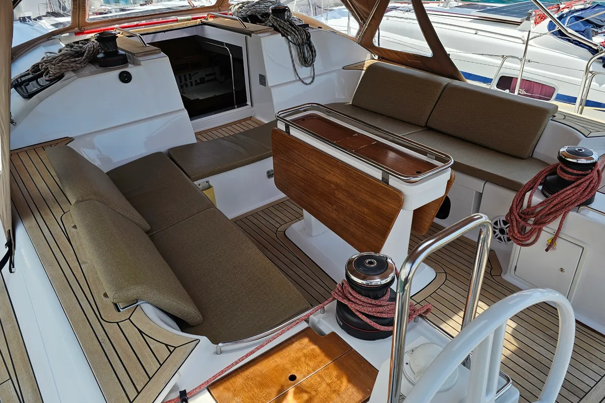 Cockpit of Fines De Claires, a Elan Impression 50 sailboat at Općina Baška Voda, Croatia