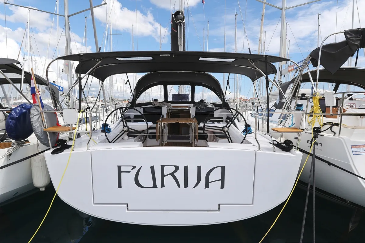 Exterior view of Furija, a Elan Impression 45 sailboat at Biograd na Moru, Croatia