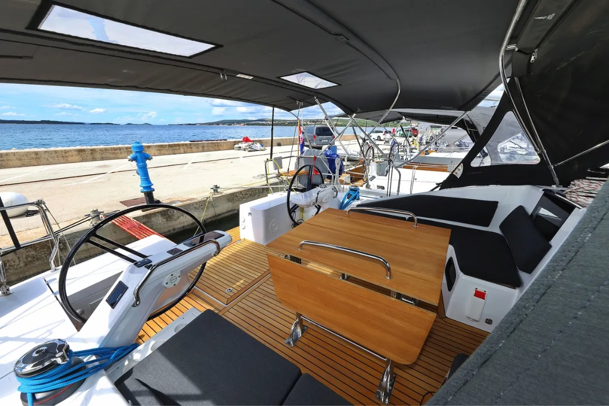Cockpit of Furija, a Elan Impression 45 sailboat at Biograd na Moru, Croatia