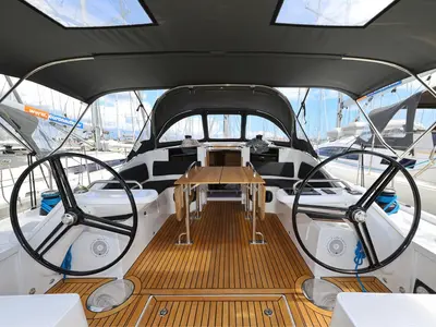 Cockpit of Furija, a Elan Impression 45 sailboat at Biograd na Moru, Croatia