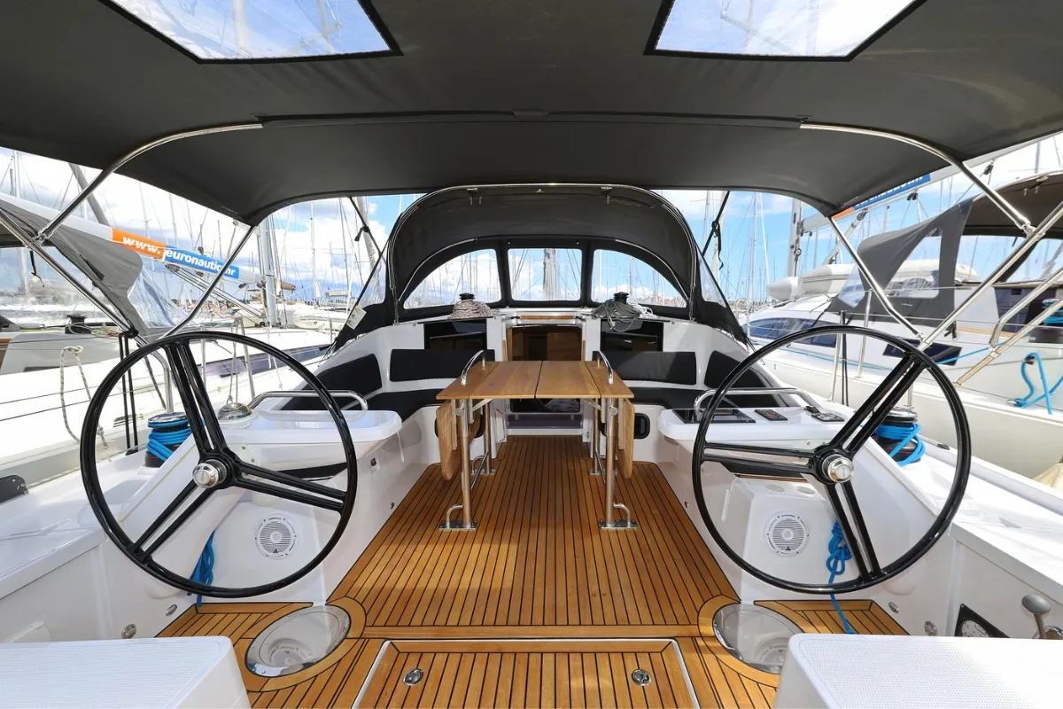Cockpit of Furija, a Elan Impression 45 sailboat at Biograd na Moru, Croatia