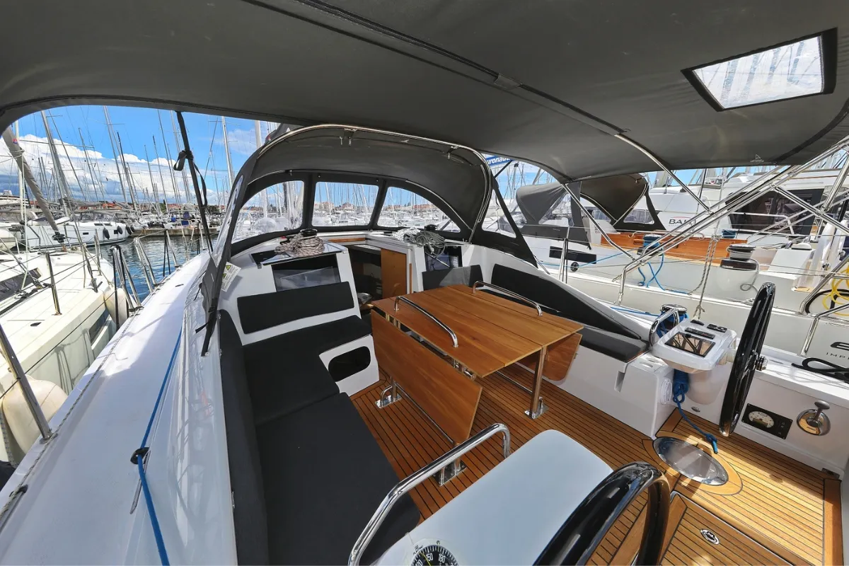 Cockpit of Furija, a Elan Impression 45 sailboat at Biograd na Moru, Croatia