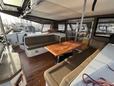 Deck of Lollo III, a Nautitech 40 Open catamaran at Punat, Croatia